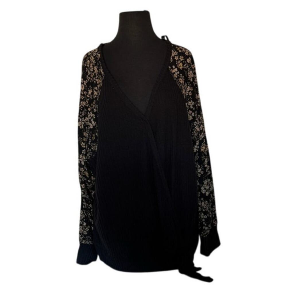Maurice's Black Waffle Knit Floral Wrap Tie Hem Top - XL